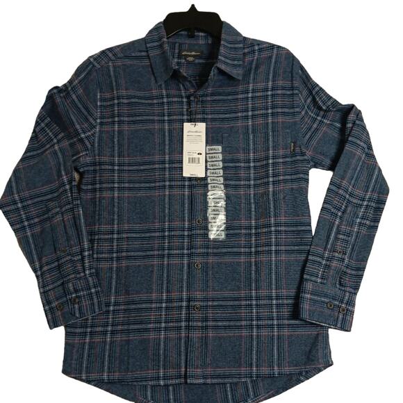 Eddie Bauer Bristol Flannel Shirt Mens Small Blue Plaid Relaxed Fit Casual - Picture 1 of 14